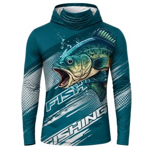 Dye Sub Men's Hooded T-shirt with Neck Warmer, Fitted Long Sleeve, Birdseye